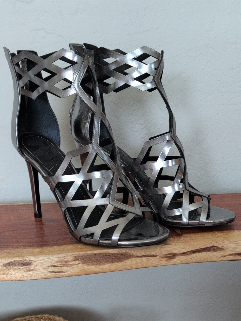 Kendall & Kylie Elana Metallic Silver Geometric Cutout Stiletto Caged Heels